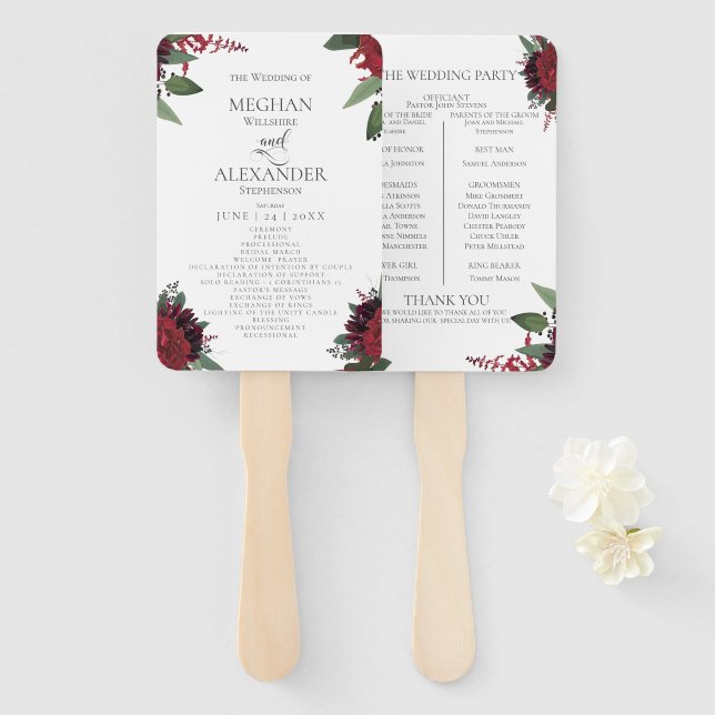 Wedding Program | Rich Burgundy Marsala Floral Hand Fan (Front and Back)