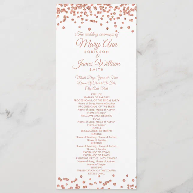 Rose Gold Program Wedding Program Rose Gold Glitter Confetti White | Zazzle