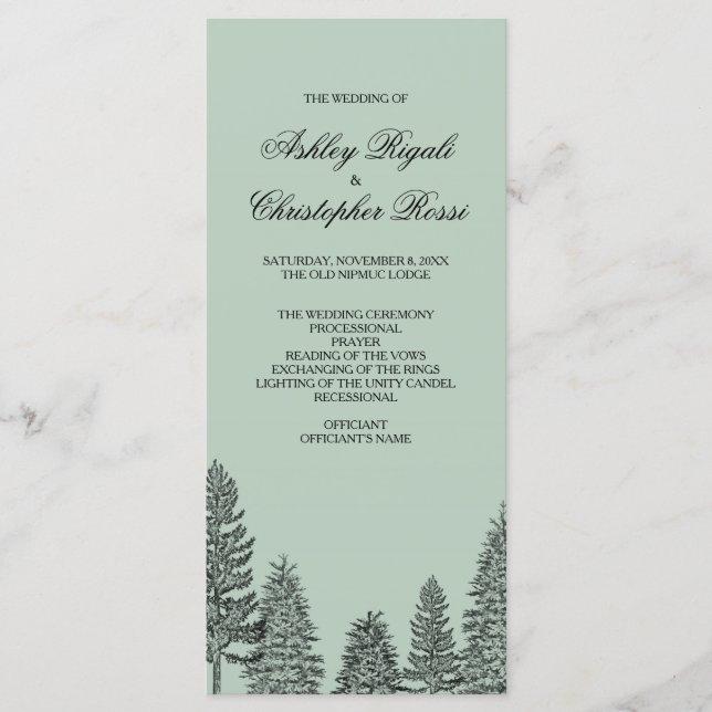 Wedding Program, Rustic Pine Tree - Green Program (Front)
