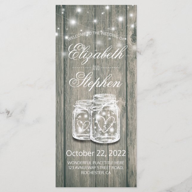 Wedding Program Rustic Wood Mason Jar String Light (Front)