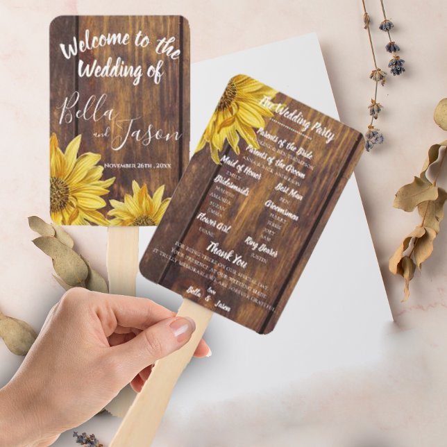 Wedding Program Rustic Wood Sunflower Wedding Hand Fan (Wedding Program Rustic Wood Sunflower Wedding Hand Fan)