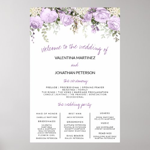 Wedding Program Sign Size Purple Rose Floral
