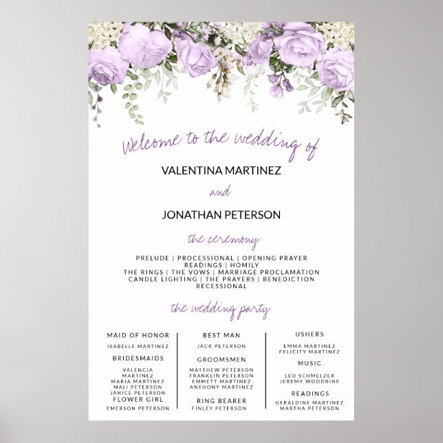 Wedding Program Sign Size Purple Rose Floral (Front)
