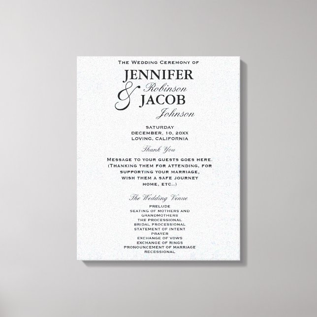 Wedding Program | Soft Silver Glitter Look Canvas Print (Front)