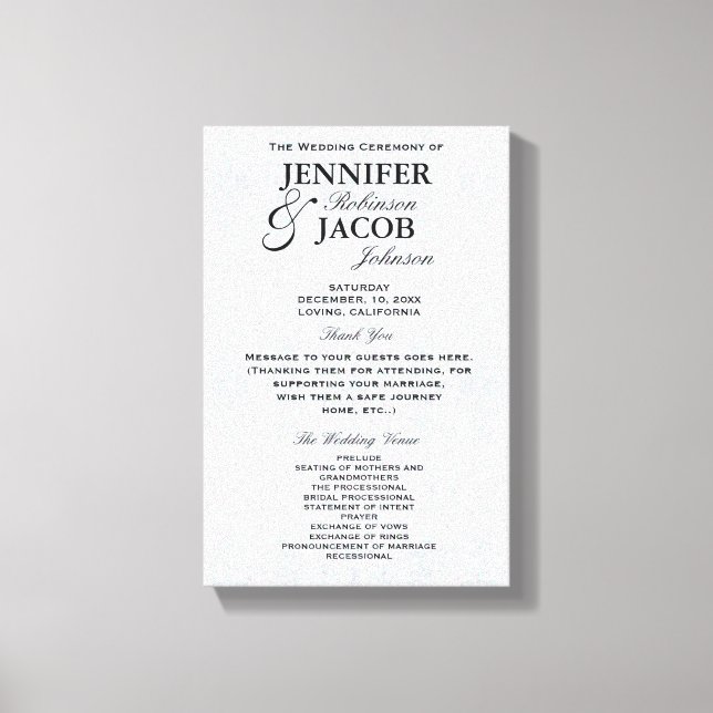 Wedding Program | Soft Silver Glitter Look Canvas Print (Front)