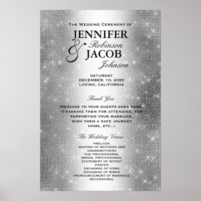 Wedding Program | Soft Silver Glitter Look Poster (Front)