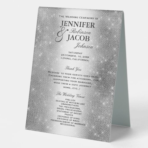 Wedding Program  Soft Silver Glitter Look Table Tent Sign