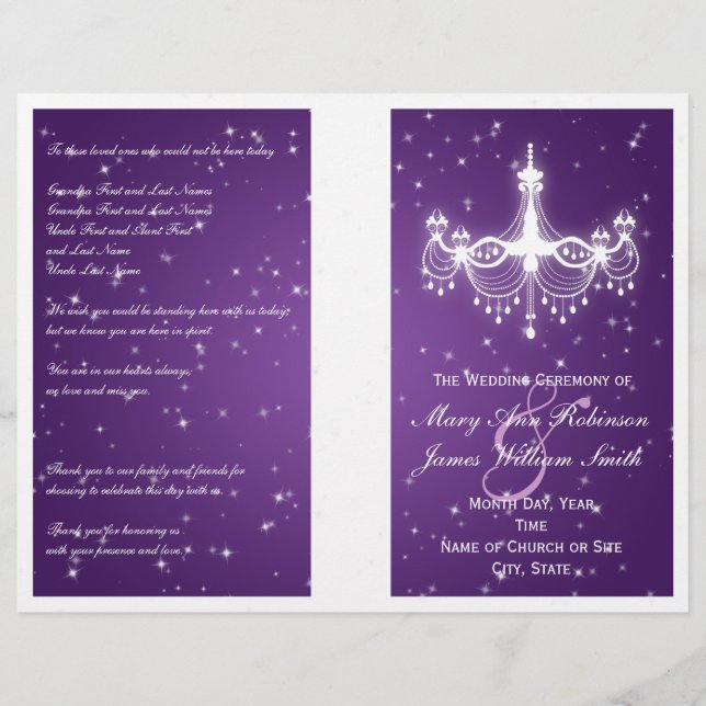 Wedding Program Sparkling Chandelier Purple (Front)