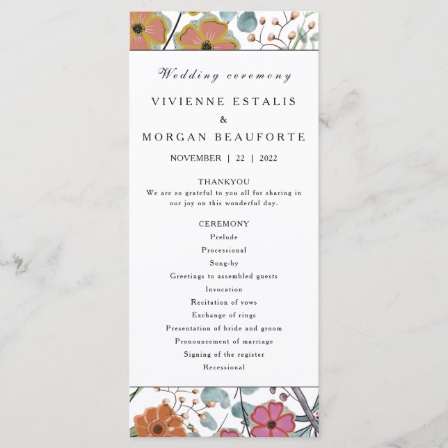 Wedding program Spring floral border pink flowers (Front)