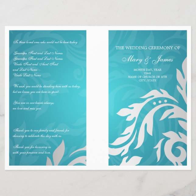 Wedding Program Swirly Flourish Aqua Blue (Front)