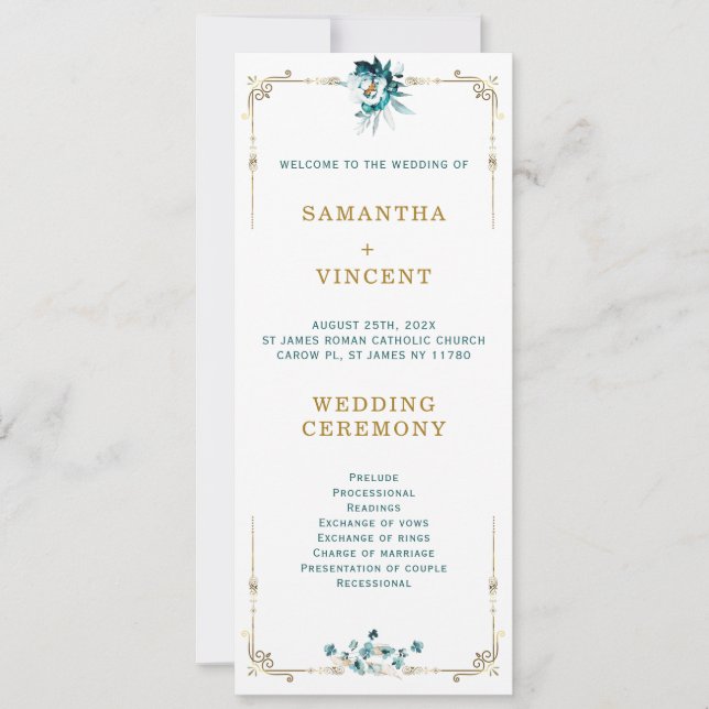 Wedding Program Teal and Gold Template (Front)