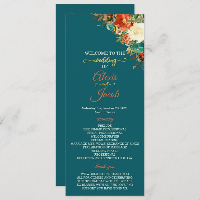 Wedding Program - Teal & Orange Floral (Front/Back)