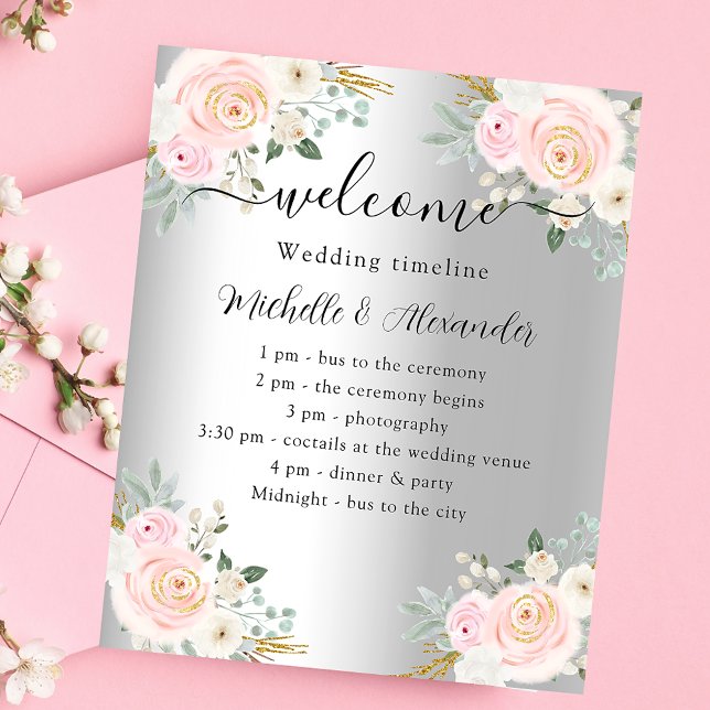 Wedding program timeline silver pink floral budget flyer (Creator Uploaded)