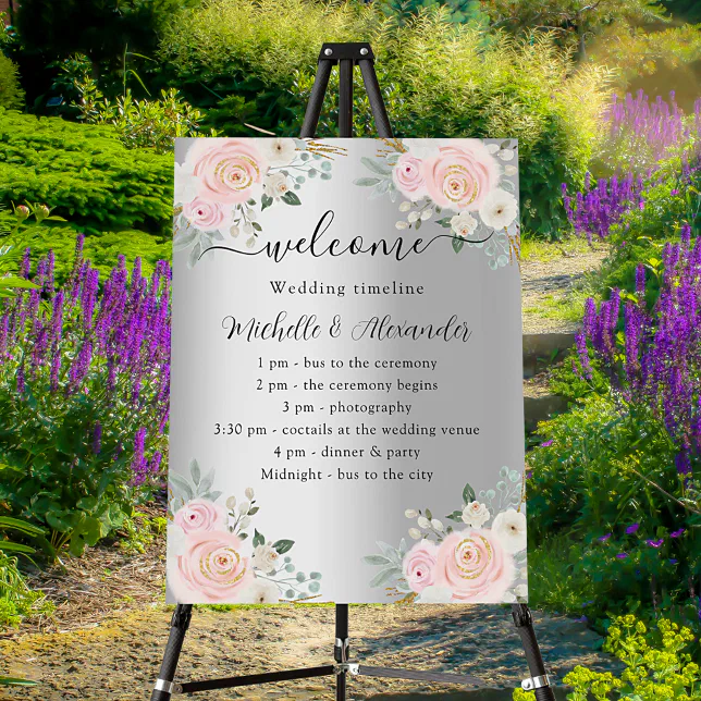wedding-program-timeline-silver-pink-flowers-foam-board-zazzle