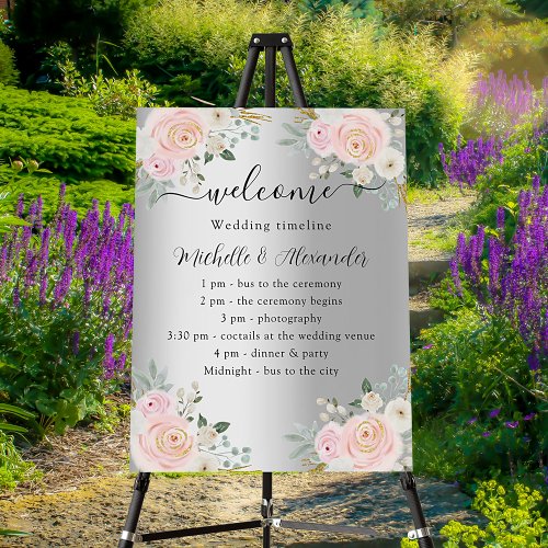 Wedding program timeline silver pink flowers foam board