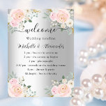 Wedding program timeline silver pink flowers poster<br><div class="desc">A welcome/program,  timeline poster for a wedding.  A stylish faux silver looking background decorated with blush pink and white flowers.  Personalize and add your names and the details.  Black letters.</div>