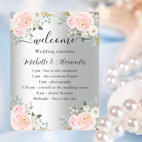 Wedding program timeline silver pink flowers poster
