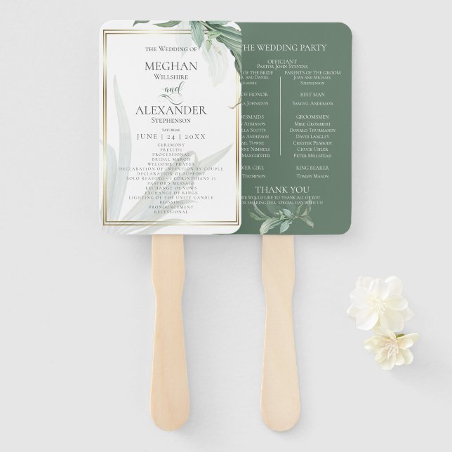 Wedding Program | Tropical Elegant Foliage Hand Fan (Front and Back)