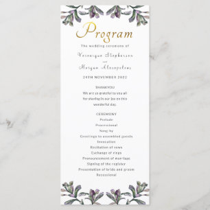 Wedding program tropical foliage gold script