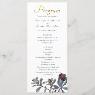 Wedding program tropical leaf gold script floral