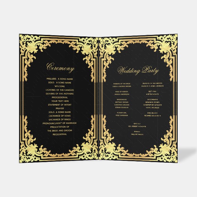 Wedding Program Vintage Black Faux Gold Elegant Brochure (Inside Standing)