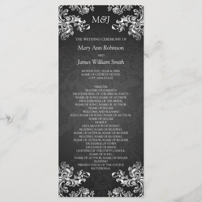 Wedding Program Vintage Swirls 2 Black (Front)