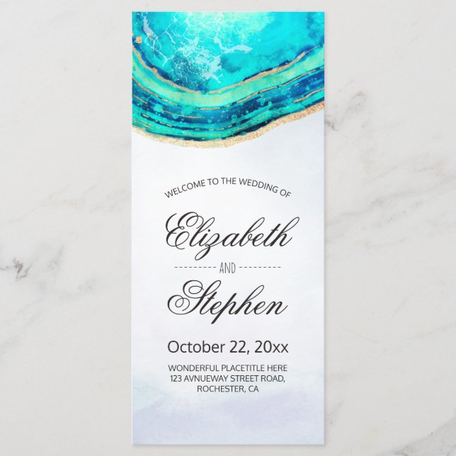 Wedding Program Watercolor Teal & Gold Agate Geode (Front)