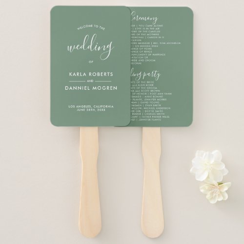 Wedding Program_ White Calligraphy On Sage Green Hand Fan