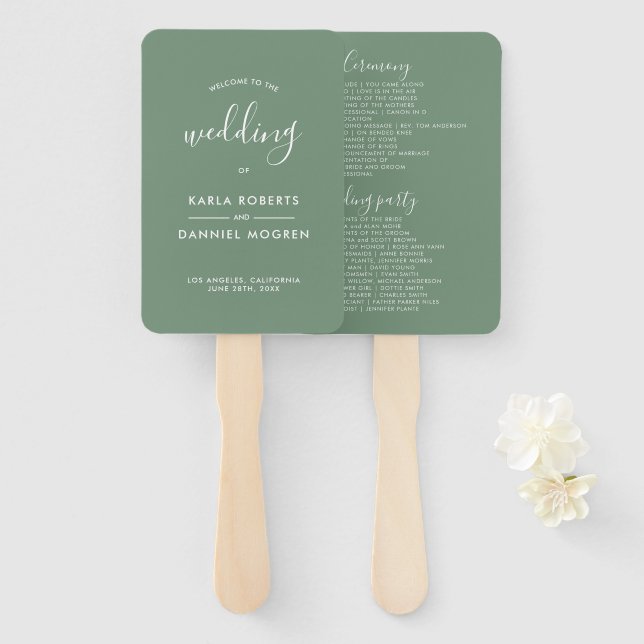 Wedding Program- White Calligraphy On Sage Green Hand Fan (Front and Back)