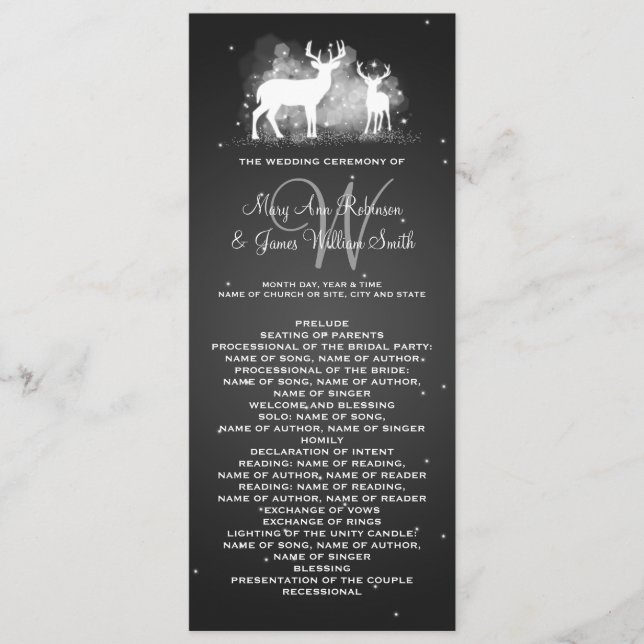 Wedding Program Winter Deer Sparkle Black (Front)