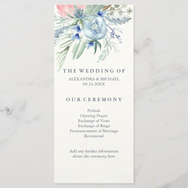Wedding Program With Blue And Pink Peonies