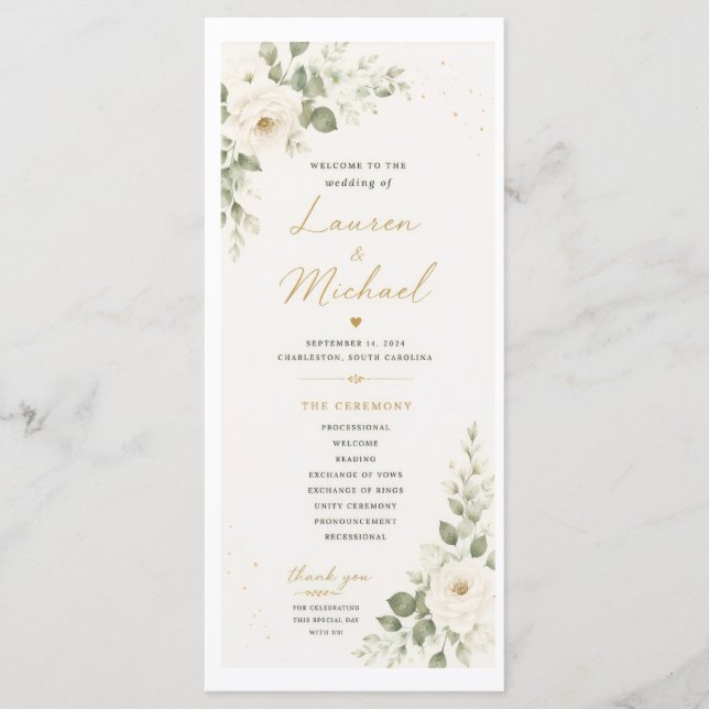 Wedding Program with White Roses (Front)