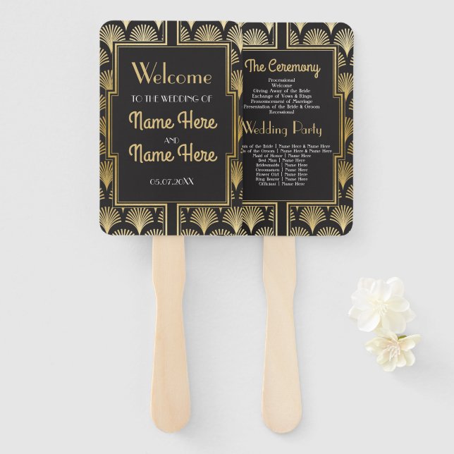 Wedding Programme Hand Fan 1920's Twenties Gold (Front and Back)