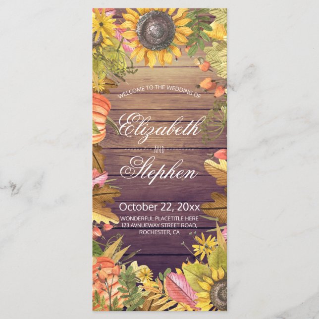 Wedding Programs Autumn Maple Leaves Pumpkins Wood (Front)