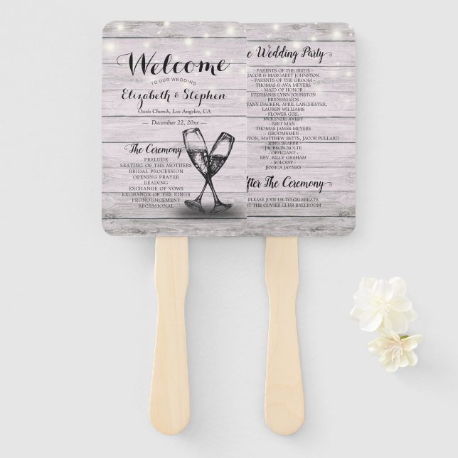 Wedding Programs Champagne Glass Rustic Wood Light Hand Fan (Front and Back)