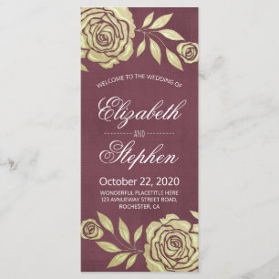 Wedding Programs Modern Golden Roses Burgundy Red