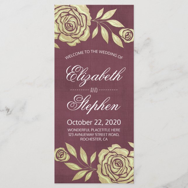 Wedding Programs Modern Golden Roses Burgundy Red (Front)
