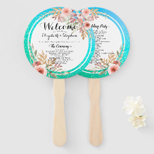 Wedding Programs Modern Pink Floral Teal Gold Dots Hand Fan
