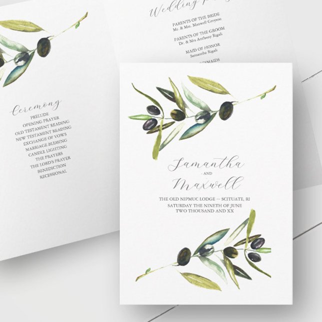 Wedding Programs Watercolor Olive Folded (Rustic wedding program watercolor olive branch art by Victoria Grigaliunas of Do Tell A Belle)