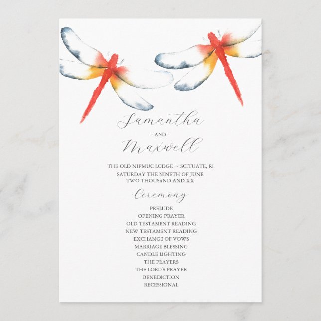 Wedding Programs Watercolor Red Dragonfly (Front)
