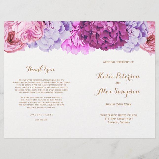 Wedding Programs with Pretty Watercolour Flowers (Front)