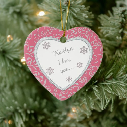 Wedding Proposal Pink Damask Faux Diamond Ceramic Ornament