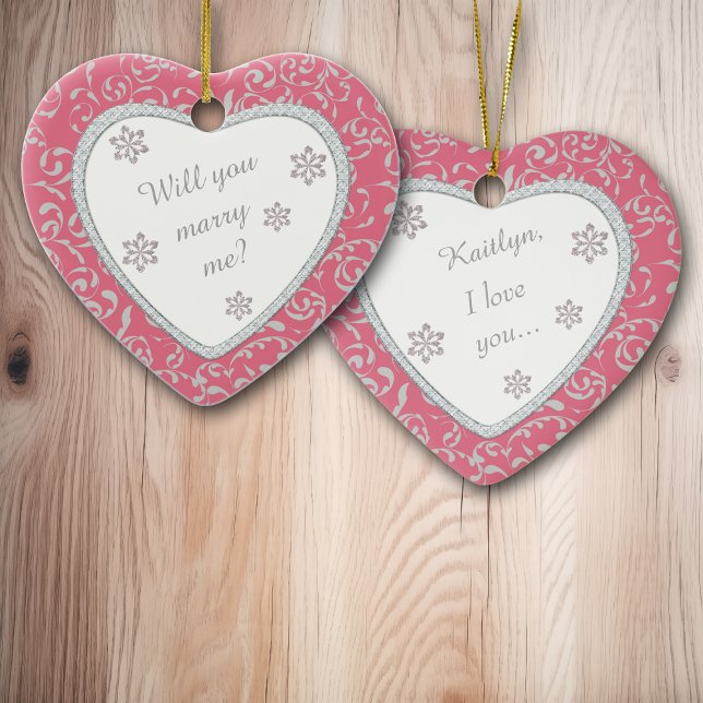 Wedding Proposal Pink Damask Faux Diamond Ceramic Ornament (Creator Uploaded)