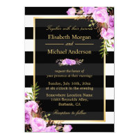 Wedding Purple Floral Gold Black White Stripes Card