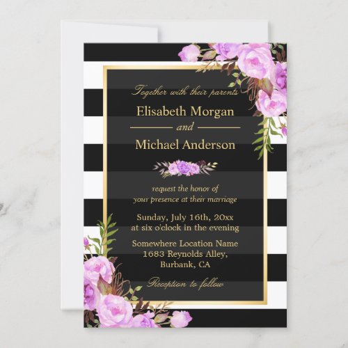 Wedding Purple Floral Gold Black White Stripes Card