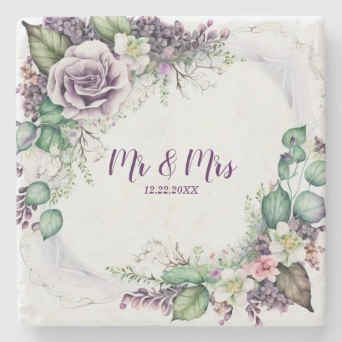 Wedding Purple Floral Green Foliage Watercolor Stone Coaster