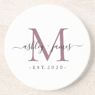 Wedding Purple Monogram Names Year Est  Coaster