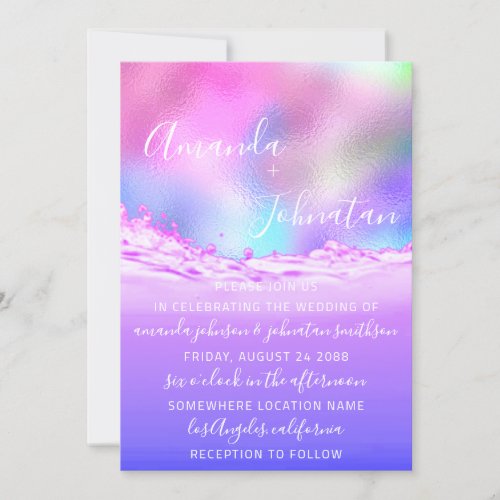 Wedding Purple Ocean Pink Spark Bubbles Ocean Invitation