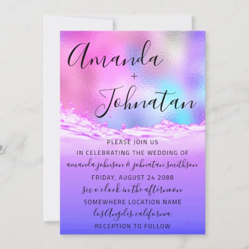 Wedding Purple Ocean Pink Waves Ocean Beach Invitation