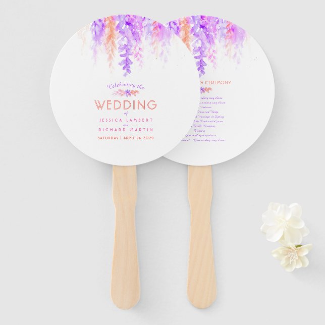 Wedding purple orange flower cascade program fans (Front and Back)